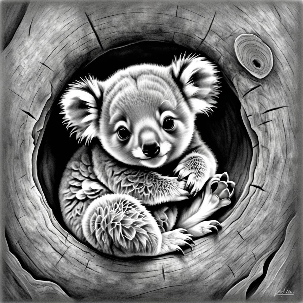 Detailed Pencil Sketch of a Koala Joey