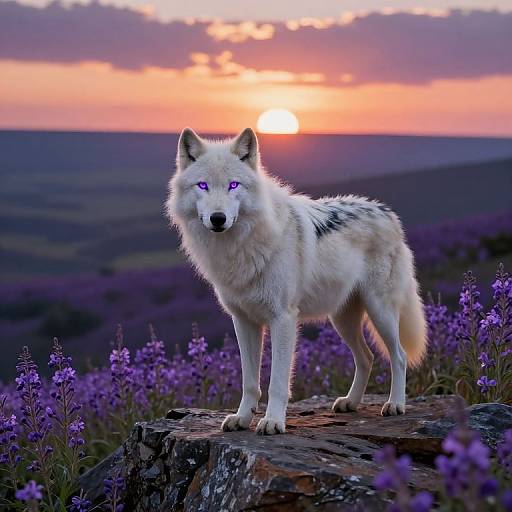 Digital art of a white wolf with glowing purple eyes standing on a rocky ledge, surrounded by purple flowers at sunset.