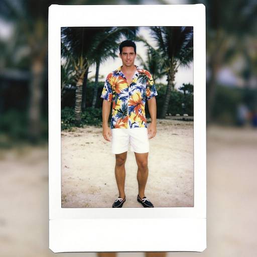 Photograph of a man with short dark hair, wearing a colorful floral shirt, white shorts, and black sneakers, standing on a sandy beach with palm