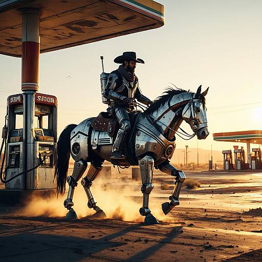 Robot Cowboy on Mechanical Horse at Futuristic Gas Station