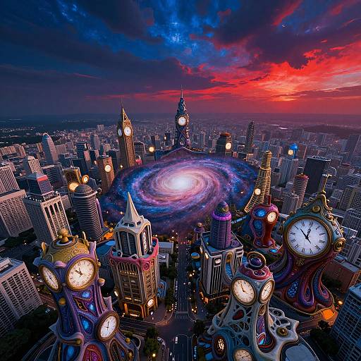 Photograph of a surreal, colorful cityscape at sunset with glowing clock towers and a bright, swirling galaxy at city center.