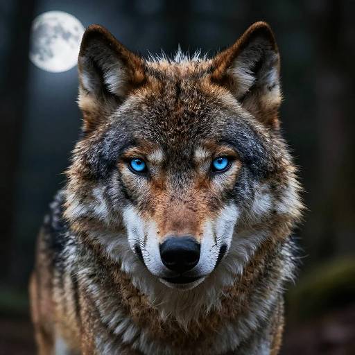 Wolf with Piercing Blue Eyes in Moonlit Forest