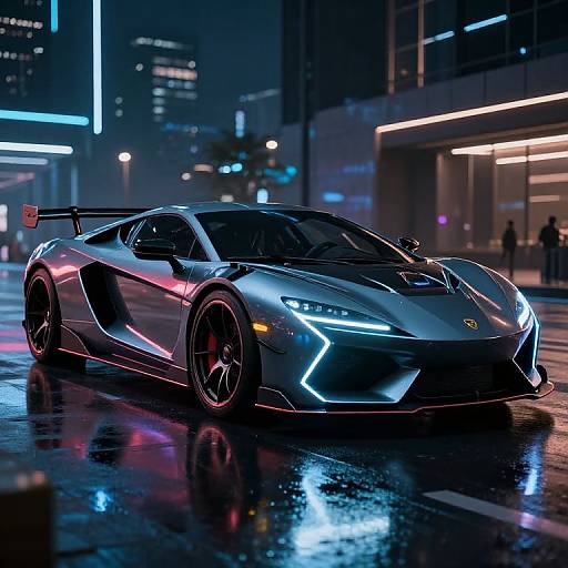 Photograph of a neon-lit, silver Lamborghini sports car with glowing blue and pink accents, parked on a wet, reflective urban street at night