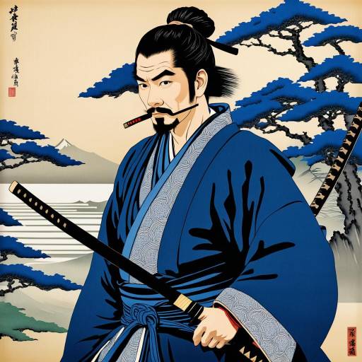 Samurai Portrait with Katana by Hokusai Style