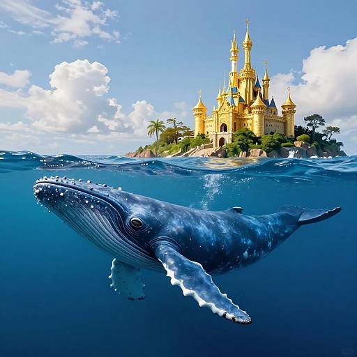 Photograph of a majestic blue whale swimming underwater near a fantastical, golden castle island with lush greenery and palm trees under a bright blue sky.