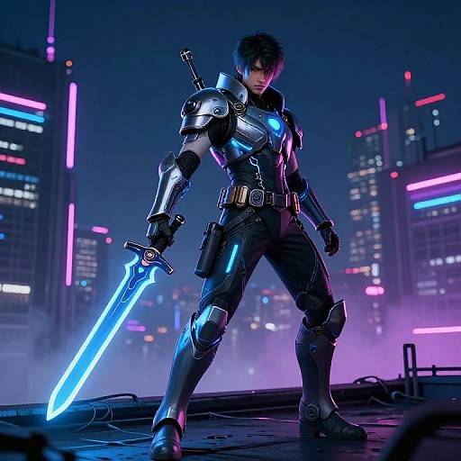 Digital artwork of a muscular, armored man with glowing blue sword, standing in neon-lit futuristic cityscape, looking determined.