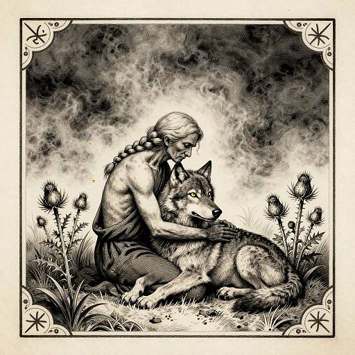 Elder Embracing Grey Wolf Illustration