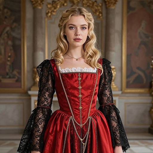 Blonde woman with wavy hair in a red, lace-trimmed Renaissance dress with gold chains, standing in an ornate, classical room.