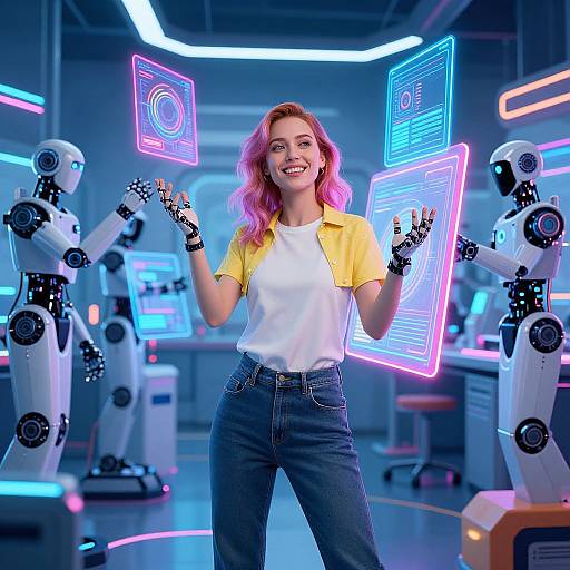 Photograph of a smiling, pink-haired woman in a white and yellow shirt, blue jeans, and black gloves, standing in a futuristic lab with neon