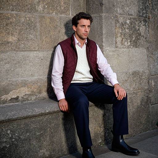 Photograph of a handsome, dark-haired man with light skin, wearing a white shirt, black pants, and maroon vest, sitting against a weather