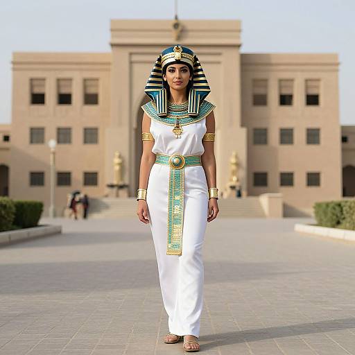 Photograph of a woman in an Egyptian-inspired white dress and striped headdress, standing in front of a beige stone building.