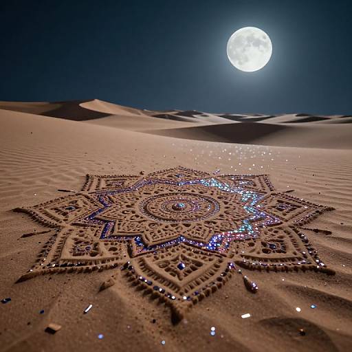 Photograph of a detailed mandala design, adorned with sparkling blue and silver tiles, drawn on a sandy desert under a full moon.