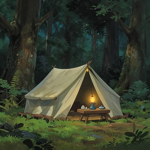 Ghibli Style Tent in Dark Woods