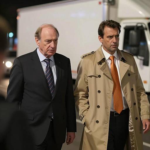 Two Men Walking at Night Near Truck