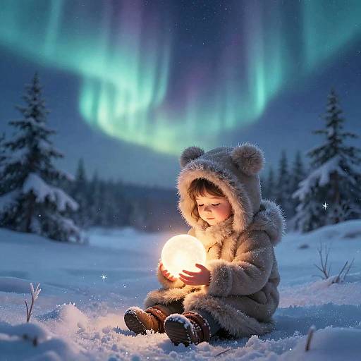 Photograph of a young child in a fuzzy bear hooded coat, sitting in snowy forest, warmly illuminating a small lantern under vibrant northern lights.