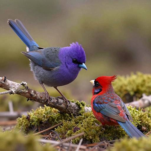 Purple Crowned Fairywren and Crimson Rosella on Mossy Ground