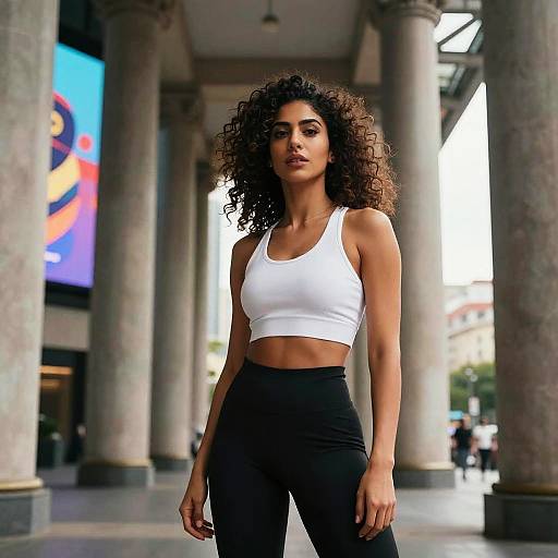 Photograph of a confident, curly-haired woman with dark skin wearing a white crop top and black high-waisted leggings, standing in a columned