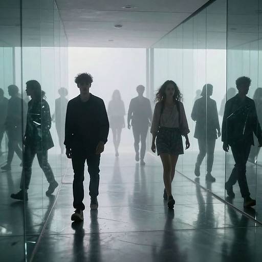 Silhouetted people walk through a brightly lit, glass-walled corridor, creating reflective patterns on the dark, polished floor. Photographic image.