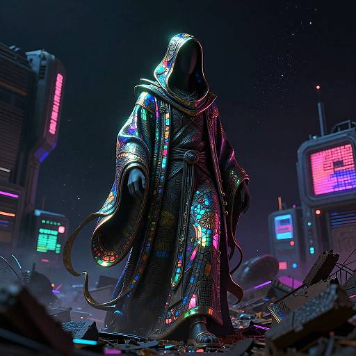 Cyberpunk digital artwork: Glowing, hooded figure in neon-lit, textured cloak stands amidst ruins of a neon-drenched, futuristic city