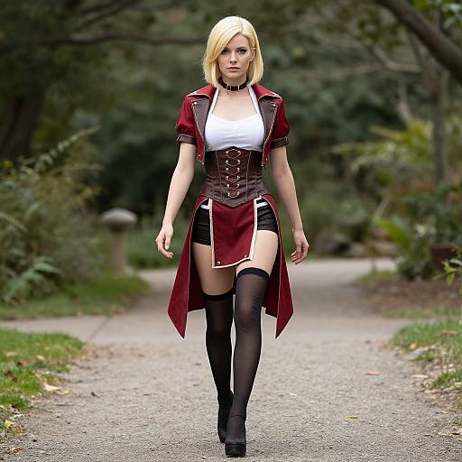 Blonde woman with bob haircut, wearing a red corset, white top, black thigh-high stockings, and black heels walks confidently on a forest path