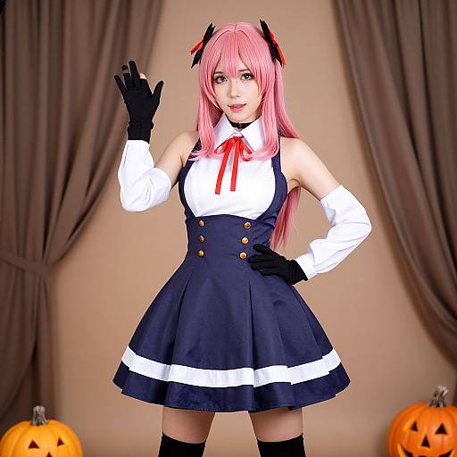 Digital anime-style photograph of a pink-haired girl in a navy blue dress with white trim, black gloves, and black thigh-highs, standing against brown