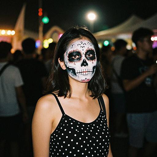 Photograph of a woman with black hair, white face paint skull design, black polka dot dress, standing in a nighttime festival with blurred colorful lights