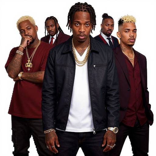 Photograph of five Black men with diverse hairstyles and jewelry, wearing black and burgundy shirts, standing against a white background. Central figure in black leather