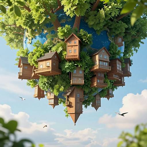 Digital art: Whimsical treehouse village with wooden cottages nestled in lush green foliage, against a bright blue sky with fluffy clouds and flying birds