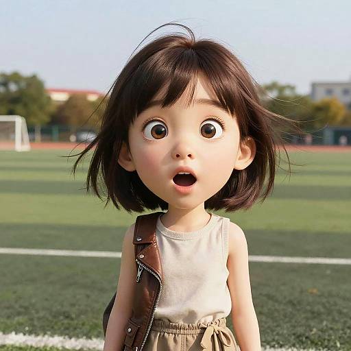 CGI image of a surprised young Asian girl with large eyes, short black hair, wearing a sleeveless beige dress and brown vest, standing on a