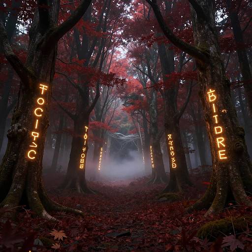 Photograph of a misty forest with tall, dark trees covered in red leaves. Glowing, vertical orange text reads 