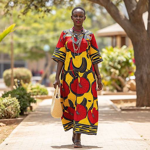 Photograph of an African woman in a vibrant, red-yellow-black patterned dress, holding a woven bag, standing on a sunlit, tree-lined