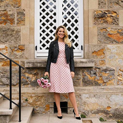 Photograph of a smiling blonde woman in a white polka dot dress, black jacket, and heels, holding pink flowers, standing in front of a