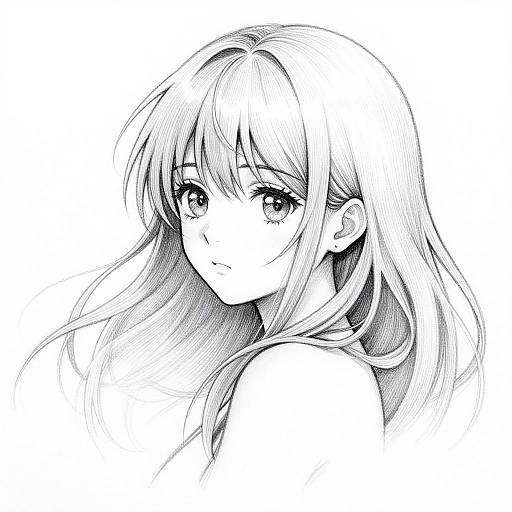 Monochrome digital anime-style drawing of a young woman with long, flowing hair, large expressive eyes, and a subtle smile.