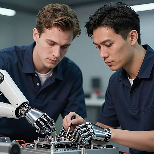 Photograph of two men, one with a cybernetic arm, working on a robotic assembly in a modern, well-lit laboratory.