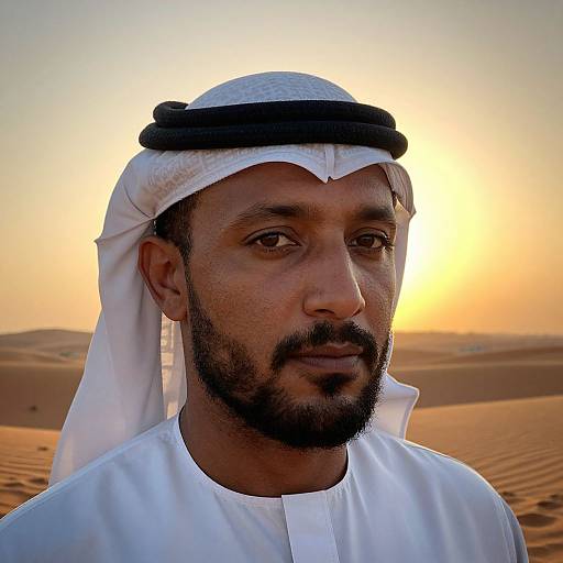 Photograph of a Middle Eastern man with dark skin, beard, white thobe, and black-and-white kufi, standing in a desert at