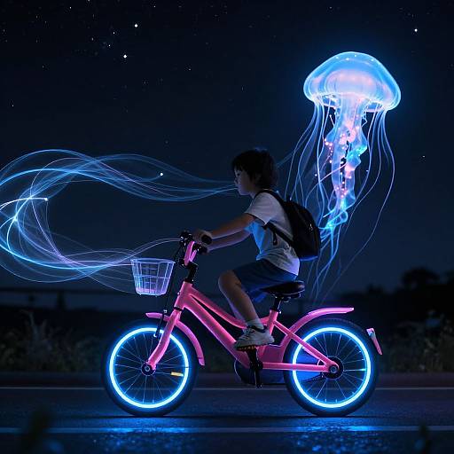 Photograph of a child on a glowing pink bicycle with neon blue wheels, riding past a floating, luminescent blue jellyfish in a dark night