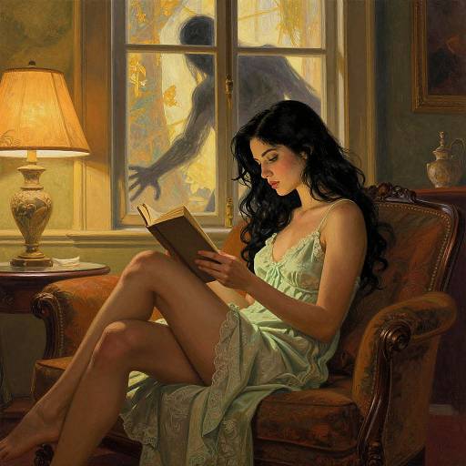 Photograph-style digital art of a pale-skinned woman with long black hair, wearing a light green lace nightdress, reading on an ornate arm