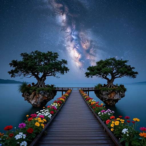 Photograph of a wooden pier leading to two tree-covered islands, surrounded by vibrant flowers, under a starry, Milky Way-filled night sky.