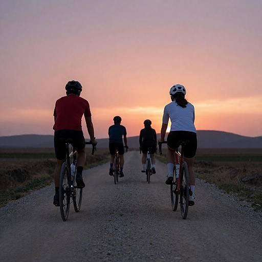 Group Cycling on Gravel Path at Sunset