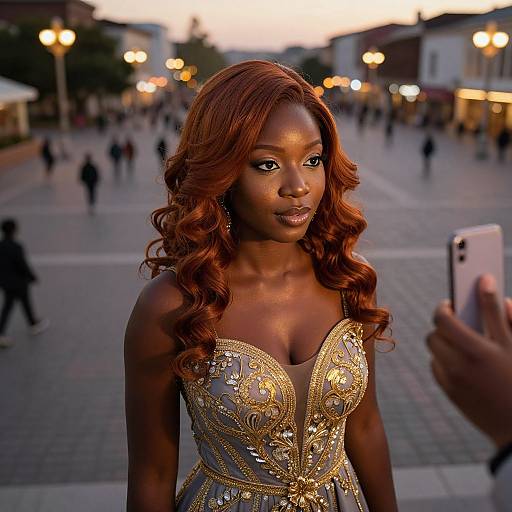 Photograph of a dark-skinned woman with long, wavy red hair, wearing an intricately sequined, gold-embellished strapless