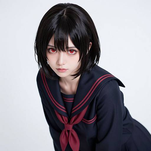 Digital anime-style portrait of a pale-skinned girl with black bob hair, red eyes, and black sailor uniform with red tie, against white background.