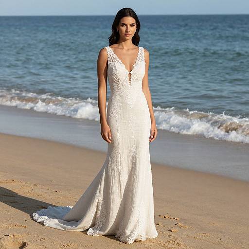 Photograph of a dark-haired woman in a white lace, V-neck, floor-length wedding dress standing on a sandy beach with gentle waves.