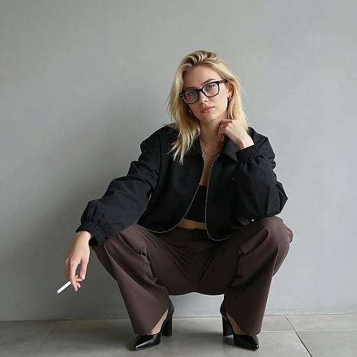 Blonde Woman Crouching with Cigarette