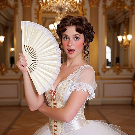 Photorealistic digital art of a beautiful woman with curly brown hair, wearing a white lace gown and holding a white fan, standing in an ornate