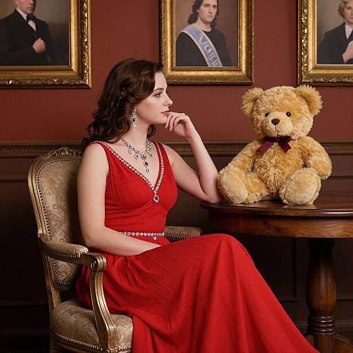 Photograph of a fair-skinned woman with dark wavy hair in a red dress, sitting beside a fluffy teddy bear on a wooden table,