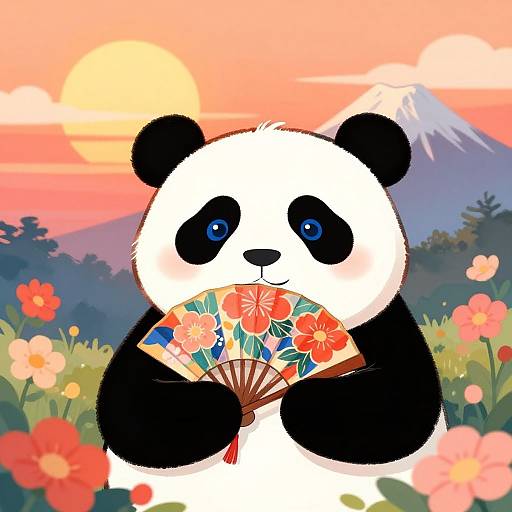 Cartoon panda with black and white fur, blue eyes, holding a floral fan, standing in a colorful flower field at sunset with a mountain in the