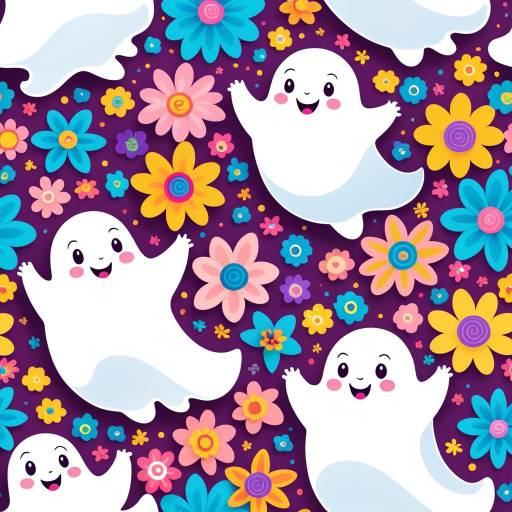Charming Kawaii Ghosts in Vibrant Flowers