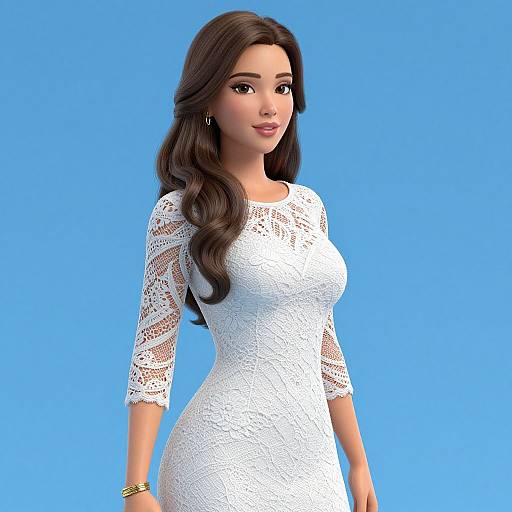Digital CGI image of a beautiful woman with long brown hair, wearing a white lace dress, standing against a bright blue background.