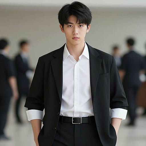 Photograph of an Asian man with black hair, wearing a black suit and white shirt, standing in a blurred, modern indoor setting. Blurred people