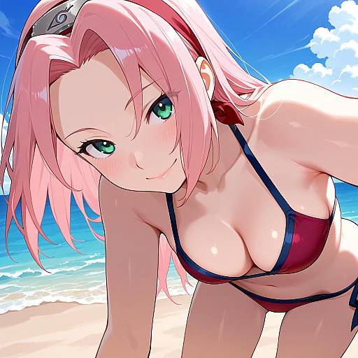 Digital anime-style illustration of a pink-haired woman with green eyes, large breasts, wearing a red bikini, leaning forward on a sunny beach with blue sky